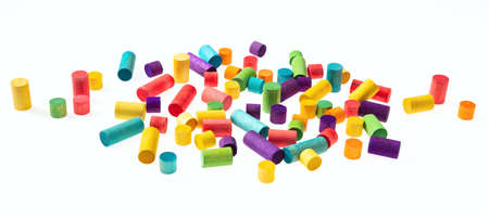 Preschool kids, creativity and fun. Set of colorful wooden construction blocks on white background