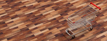 Shopping cart, empty, with red handle and details on wooden background, banner, copy space, view from above. 3d illustrationの写真素材