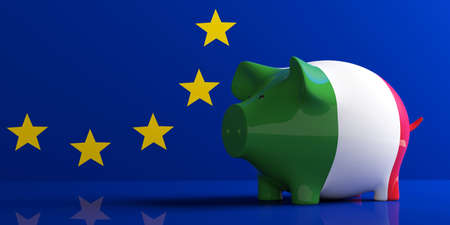 Italy, economy crisis and European Union. Italy flag piggy bank on EU flag. 3d illustration. 3d illustrationの写真素材