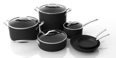 Set of black various sizes cooking pots with glass lids and frying pans isolated on white background. 3d illustrationの写真素材