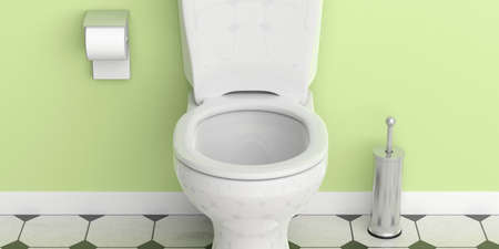White toilet bowl and brush on green wall and tiled floor, closeup view. 3d illustrationの写真素材