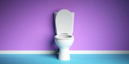 White toilet bowl on modern purple and blue background, copy space. 3d illustrationの写真素材