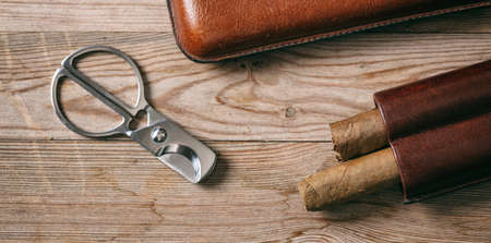 Cuban cigars in a leather case on wooden background, top viewの写真素材