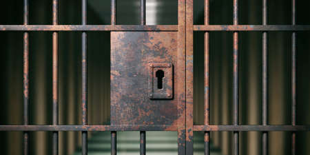 Prison interior. Locked rusty door closeup, dark jail background. 3d illustration