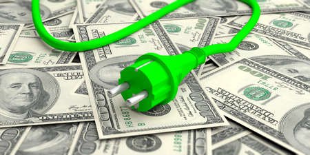 Green energy money savings. Green electric power plug on American dollars banknotes. 3d illustrationの写真素材