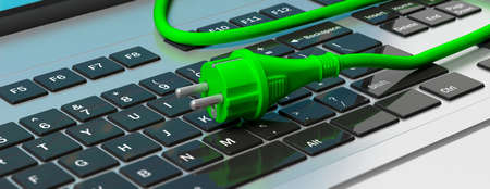 Green electric power plug on computer laptop, banner. 3d illustrationの写真素材