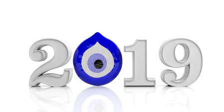 Lucky New Year 2019. Evil turkish eye amulet protection, lucky New Year, 2019, on white background....