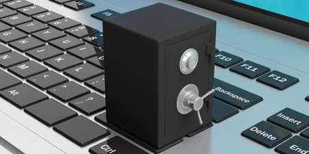 Online security concept. Laptop combination lock safe, keyboard background. 3d illustration.