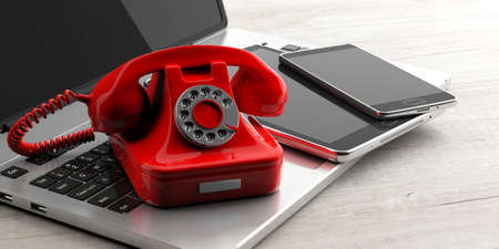 Red old retro telephone and modern elctronic devices on wooden background. 3d illustration