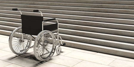 Accessibility for disabled. Wheelchair empty in front of concrete stairs. 3d illustration