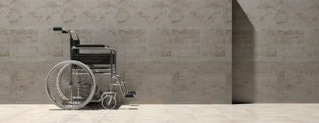Wheelchair empty, isolated on concrete wall background, banner. 3d illustrationの写真素材