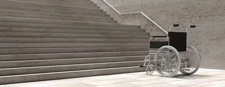 Accessibility for disabled. Wheelchair empty in front of concrete stairs, banner. 3d illustrationの写真素材