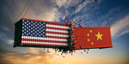 USA and China trade war. US of America and chinese flags crashed containers on sky at sunset background. 3d illustrationの写真素材