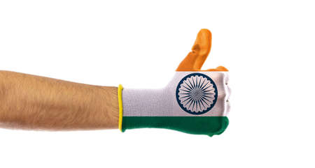 India victory concept. Thumb up, India flag glove isolated on white background