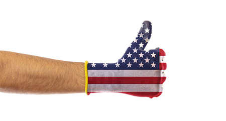 USA victory concept. Thumb up, US of America flag glove isolated on white background