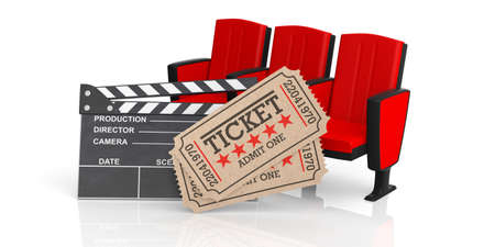 Movie theater concept. Cinema old type tickets beige, movie clapper and red movie theater seats on a white background, 3d illustration.の写真素材