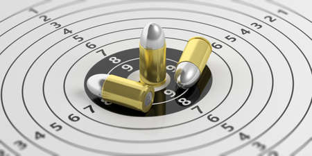 Bullets on paper shooting target with numbers. 3d illustration
