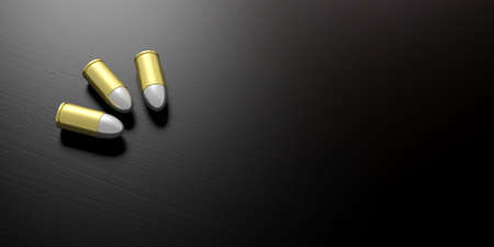 Three gold silver bullets isolated on black wooden background, copy space. 3d illustartionの写真素材