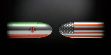 USA and Iran conflict concept. Iranian and American flags on bullets, black background. 3d illustrationの写真素材