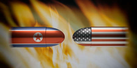 USA and North Korea conflict concept. North Korean and American flags on bullets, fire flames...
