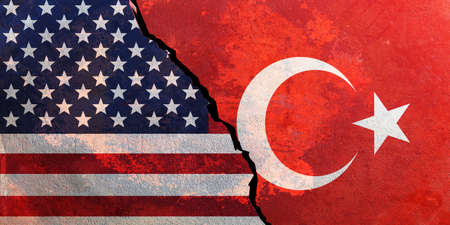 USA and Turkey relations. American and Turkish flags on cracked wall background. 3d illustrationの写真素材