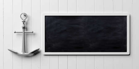 Marine concept. Metal ship anchor and blank blackboard on white wooden wall background, banner, copy...