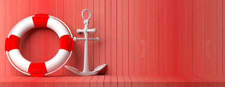 Nautical concept. Ship anchor and life buoy on red wooden floor and wall background, banner, copy space. 3d illustrationの写真素材