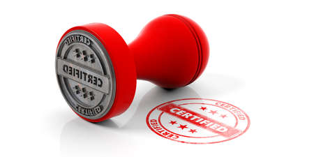 CERTIFIED stamp. Red round rubber stamper and stamp with text certified isolated on white background. 3d illustrationの写真素材