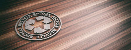 RECYCLE  concept. Round metal sign badge with text recycle isolated on wooden background, banner, copy space. 3d illustrationの写真素材