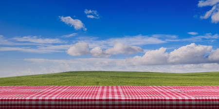 Table covered with red checkered tablecloth on blue sky background, copy space. 3d illustrationの写真素材