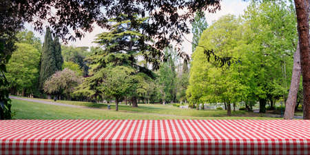 Table covered with red checkered tablecloth on green park background, copy space. 3d illustrationの写真素材