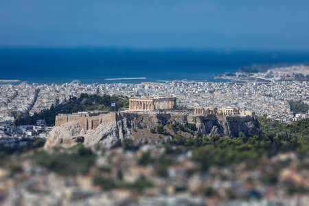 Panoramic aerial view of Acropolis of the city of Athens  in Greece, tilt shift, view from Lycabettus hillの写真素材