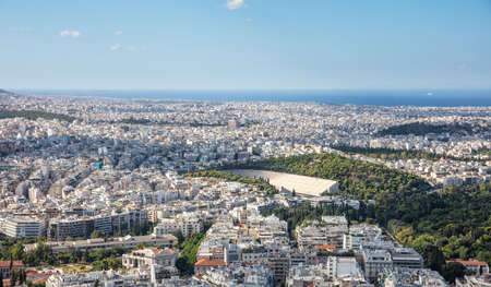 Panoramic view from Lycabettus hill of the city of athens in greece and kallimarmaro ancient stadiumの写真素材