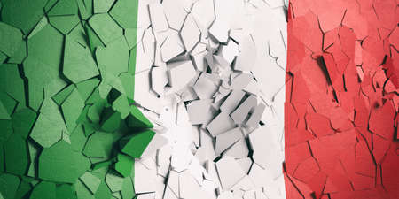 Italian crisis. Italy flag on cracked wall background. 3d illustrationの写真素材