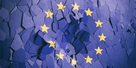 EU crisis. European Union flag on cracked wall background. 3d illustrationの写真素材