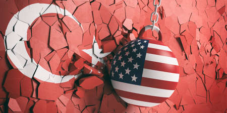 US of America and Turkey relations. USA flag wrecking ball breaking a Turkey flag wall. 3d illustrationの写真素材