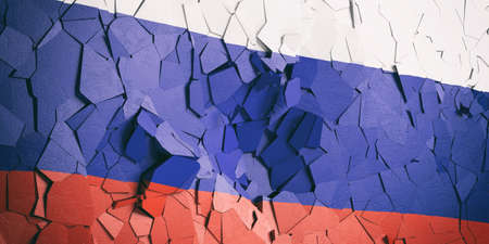 Russian crisis. Russia flag on cracked wall background. 3d illustrationの写真素材