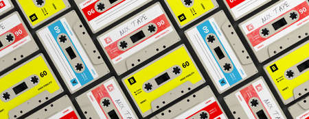 1970s-1980s party music. Vintage audio cassettes background, banner. 3d illustration