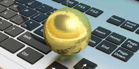 Party concept.  Gold mirror disco ball on a computer  background, 3d illustrationの写真素材