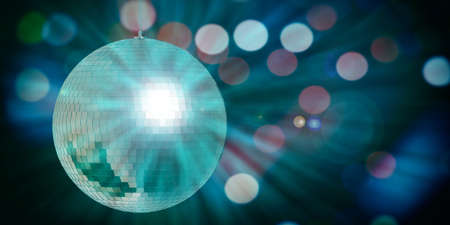 Party concept.  Green mirror disco ball in a bokeh background, copy space, 3d illustration