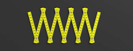 Carpenter folding ruler. Yellow wooden meter isolated cutout on black background, banner. 3d...
