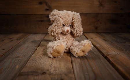 Child abuse concept. Teddy bear covering eyes, dark empty background, copy spaceの写真素材