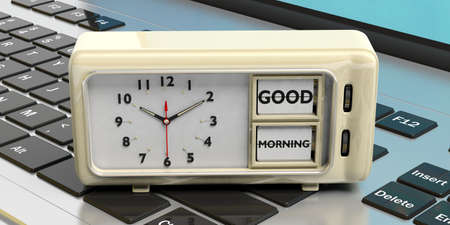 Good morning wake up message on retro vintage alarm clock against computer background. 3d...