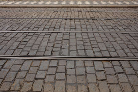 Top view of cobblestone street, texture, background.の写真素材