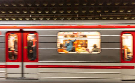 Prague, Staromestska metro station. Blur train carriage in motionの写真素材