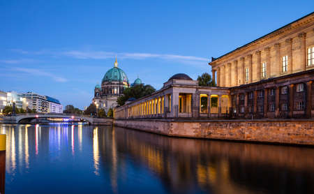Bode museum illuminated, on museum island in Spree river in Berlin, Germany, in the evening.の写真素材