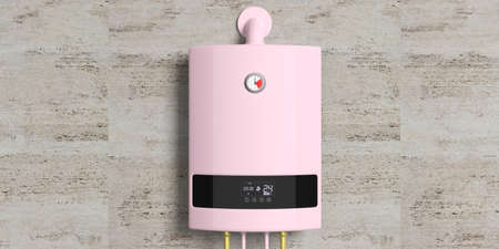 Home gas boiler, water heater isolated on stone wall, front view. 3d illustration