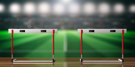 Obstacles concept. Front view of track field hurdles, against stadium background, 3d illustration.