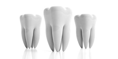 Teeth health, dentristy concept. Clean shiny tooth models isolated on white background. 3d illustrationの写真素材