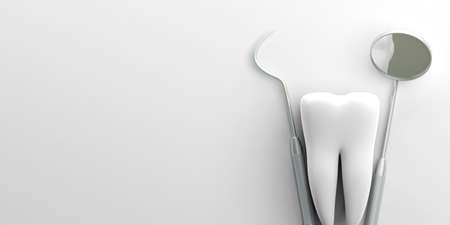Teeth health, dentristy concept. Dentist tools and a tooth model on white background, copy space. 3d illustrationの写真素材